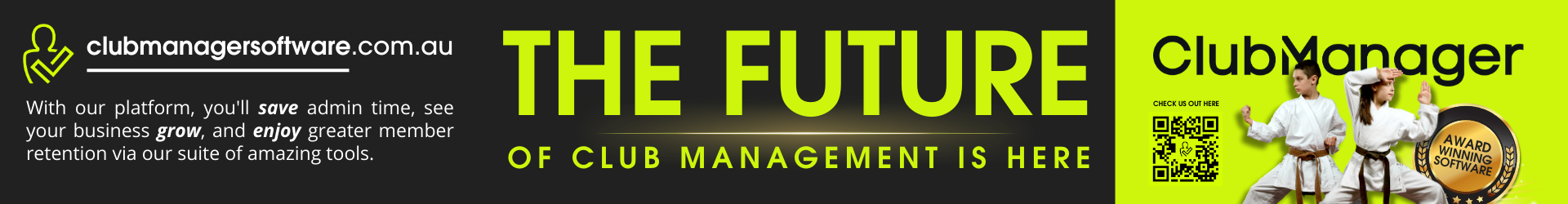 Banner for ClubManager, with bold yellow “THE FUTURE” text on a black background and yellow app logo on the right