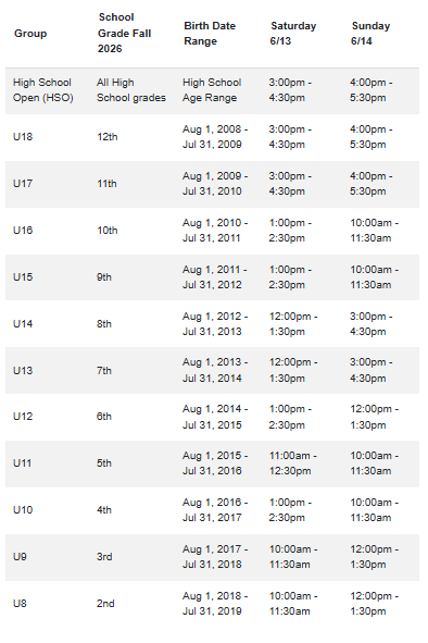 Table of school grade levels with birth ranges and Saturday time slots.