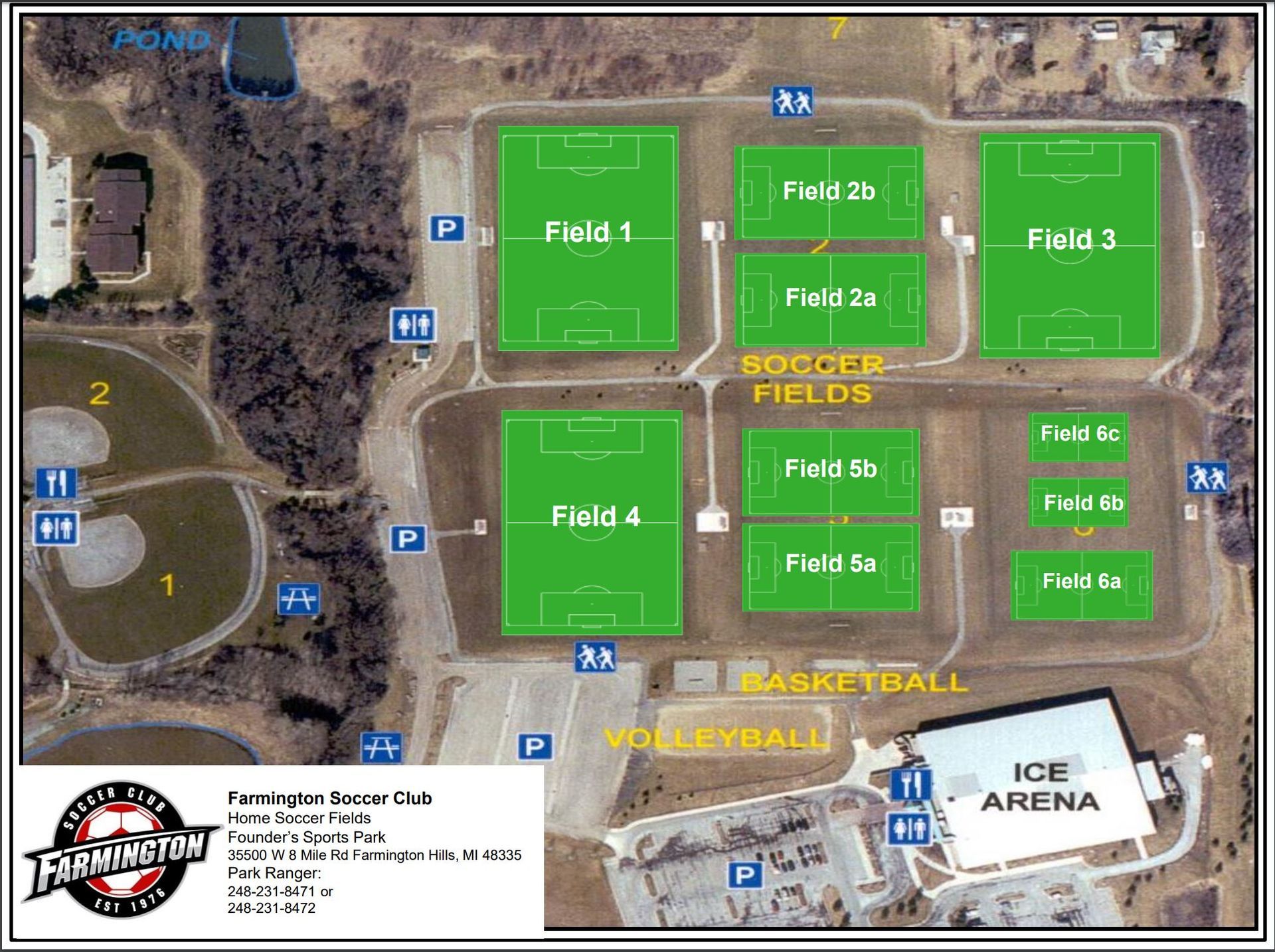 Aerial map of a sports complex showing green labeled fields, courts, and an ice arena.