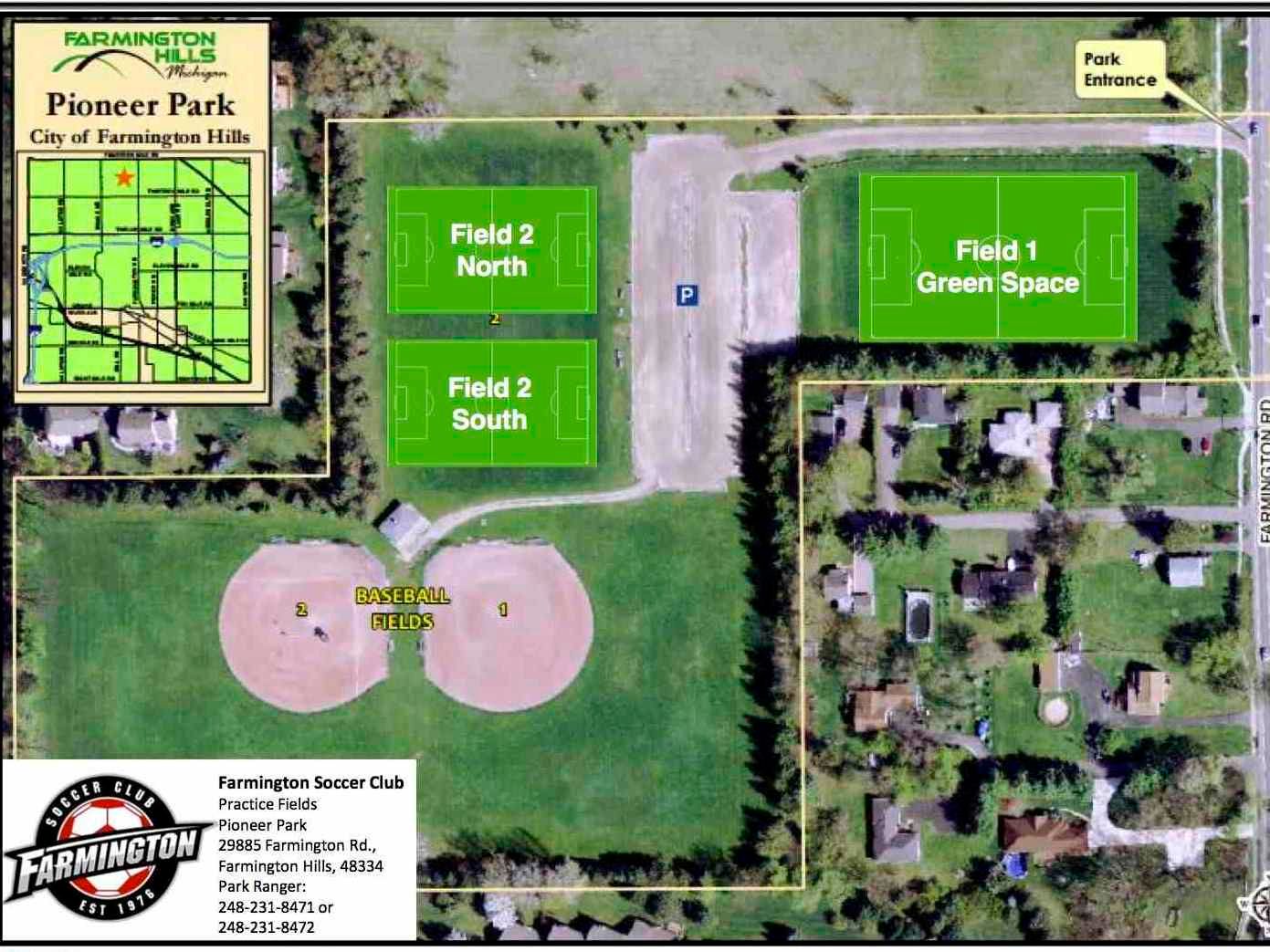 Aerial map of Pioneer Park showing Fields 1–3, a baseball diamond, parking, and nearby homes