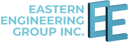 The logo for eastern engineering group inc. is blue and white.