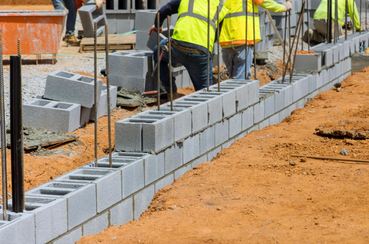 “Concrete block wall being built along a prepared dirt foundation by workers during a masonry service in Pearland, TX”