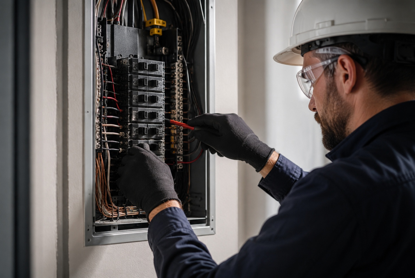An electrician is using multimeter probes to test wires in an open electrical box on a concrete wall.