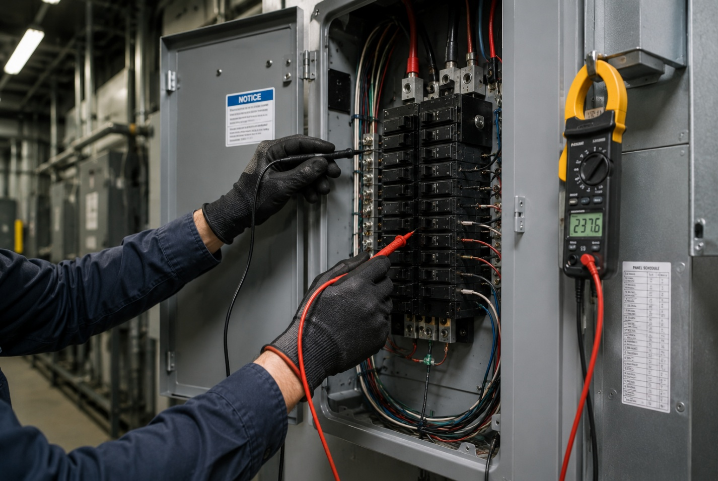 Electrician inspecting a control panel, wearing a hard hat, safety glasses, and gloves, holding a tablet with a blueprint.