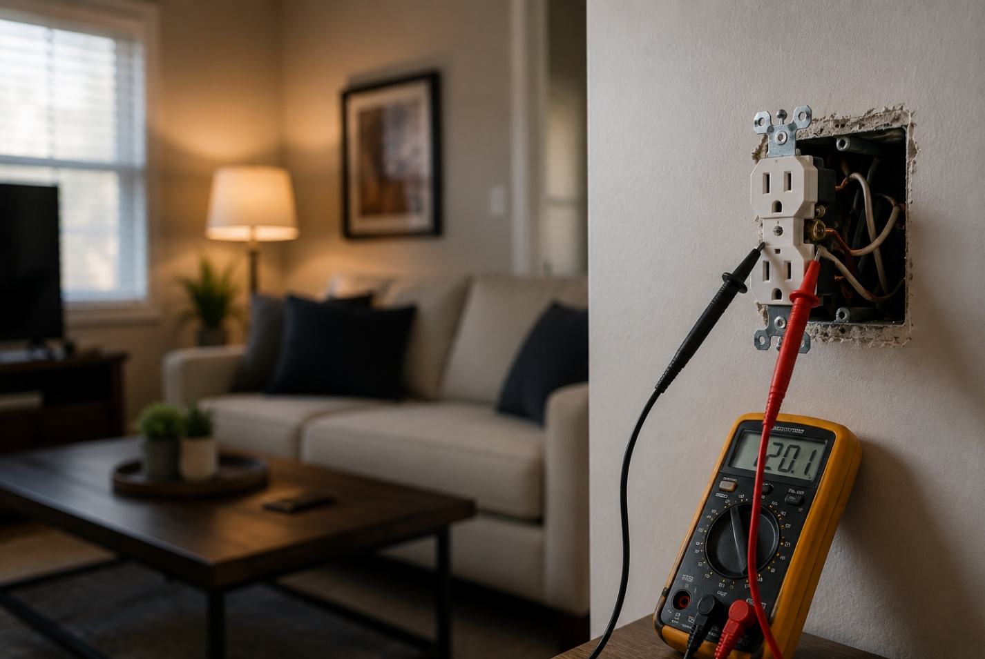 Electrician using a screwdriver to install a wall outlet, with tools on floor.