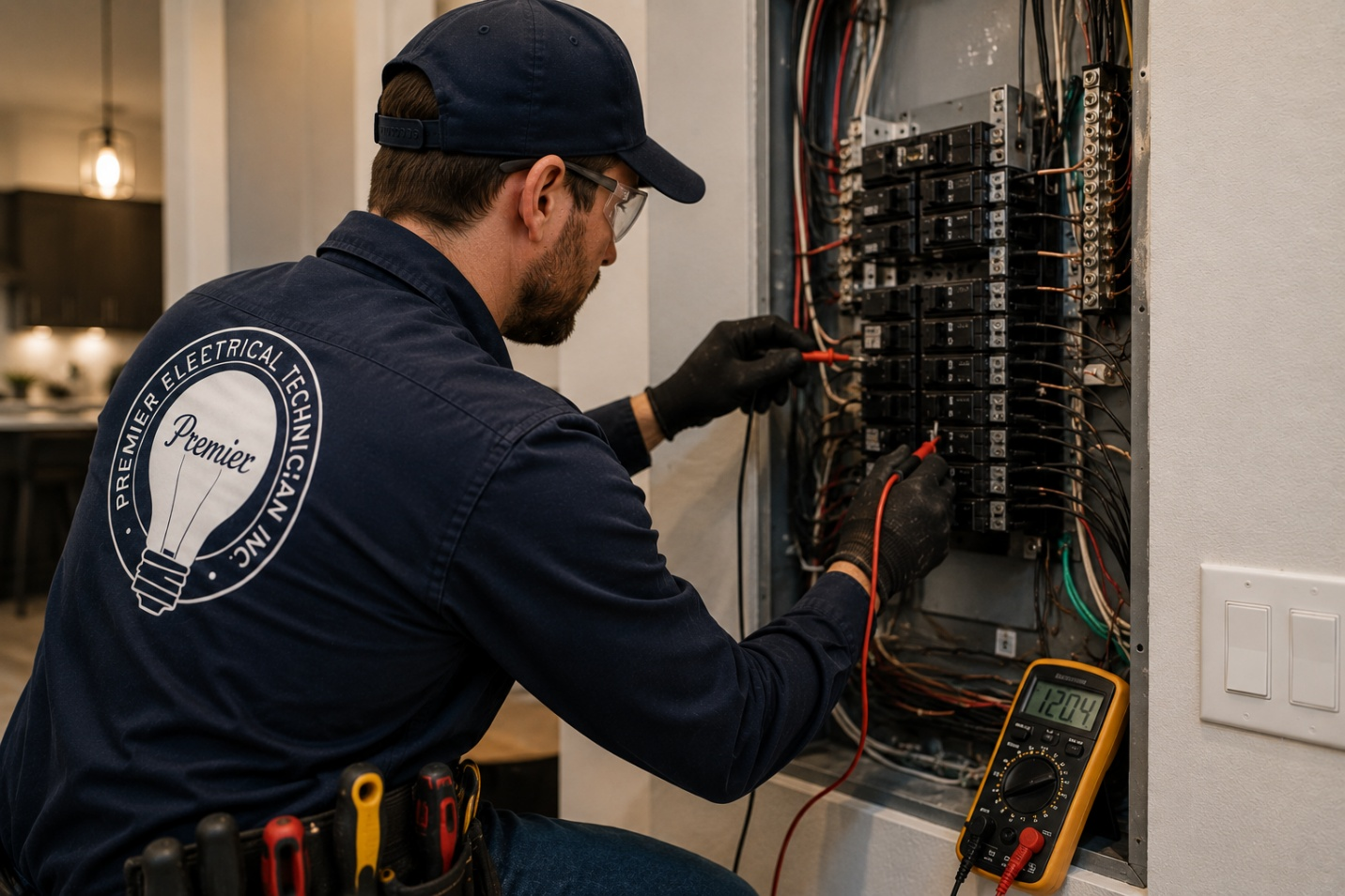 Electrician using a multimeter to inspect wiring in an electrical panel.