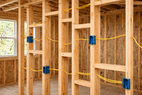 Person holding a bundle of blue electrical wires with yellow and red wires nearby; tools visible.