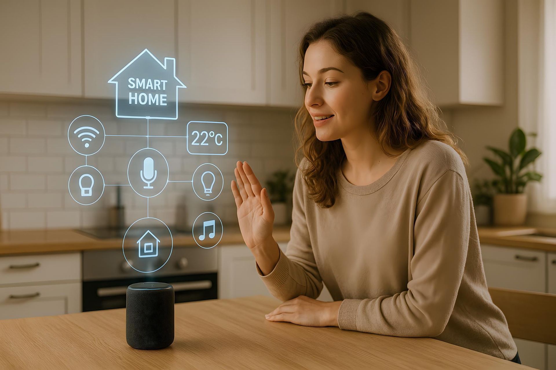 Woman interacting with smart home device in a kitchen. Hologram icons appear above the device.