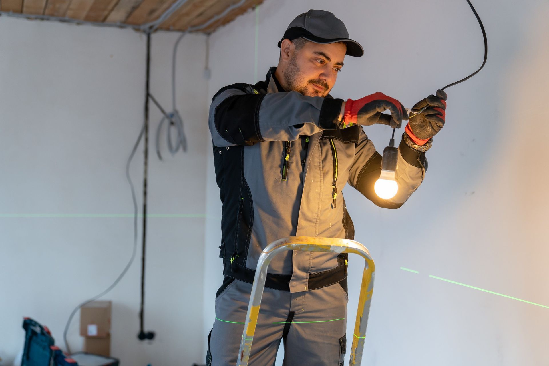 Electrician on a ladder installing a lightbulb. Wearing work clothes and gloves, in a room.