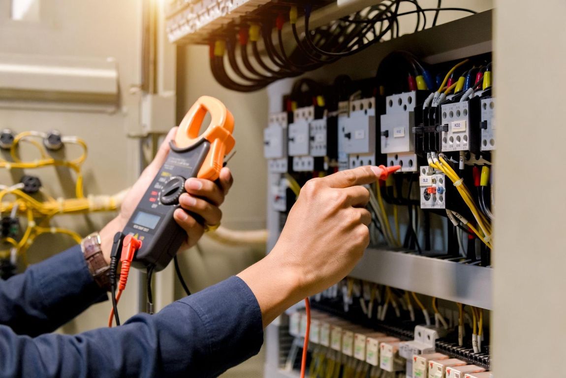 Electrician using a multimeter to test wires inside an electrical panel.