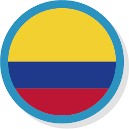 Bandera de Colombia en un círculo azul. Tiene franjas horizontales amarillas, azules y rojas.