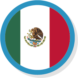 Bandera mexicana en un círculo azul. Franjas verticales verdes, blancas y rojas con un águila en el centro.