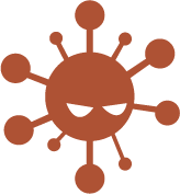 Ícono de virus marrón con cara enojada.