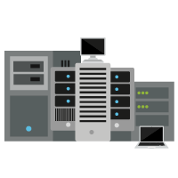 Equipo de sala de servidores, incluidos servidores en rack, una computadora de escritorio y una computadora portátil.