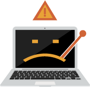 Computadora portátil con una cara triste en la pantalla, un triángulo de advertencia naranja encima y una palanca rota.