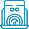 Icono azul de un dispositivo con símbolo de infinito, dial y base.