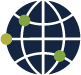 Globo con círculos verdes y amarillos que representan conexiones globales.