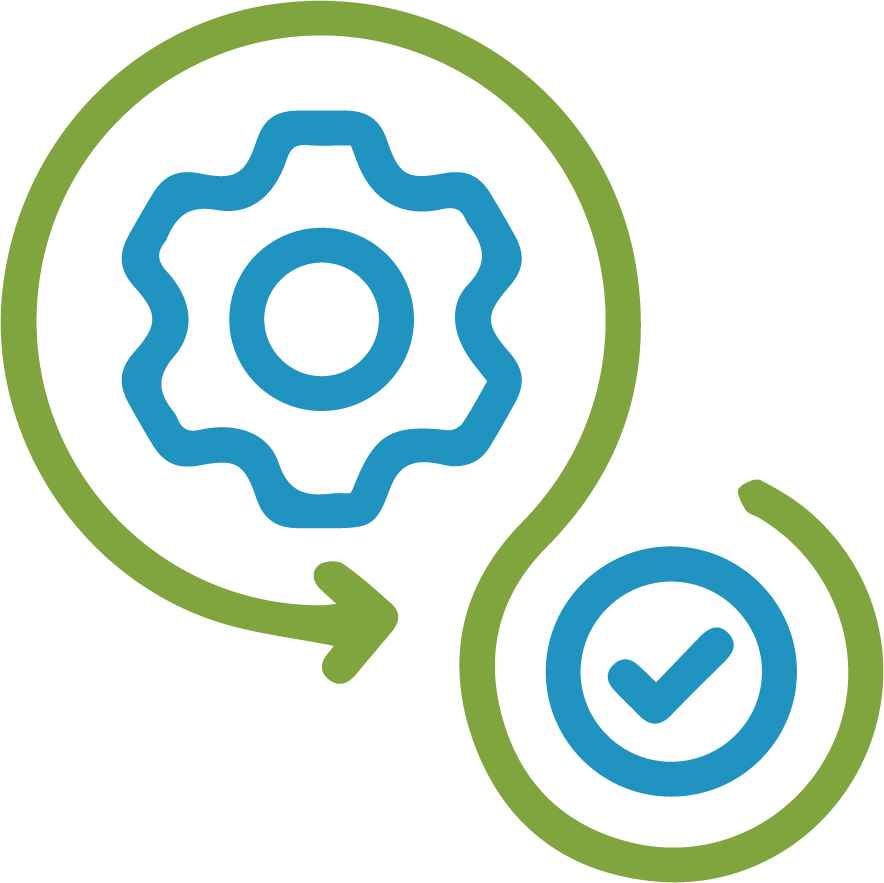 Engranaje azul dentro de un círculo verde con una flecha, conectado a un círculo verde con una marca de verificación azul.