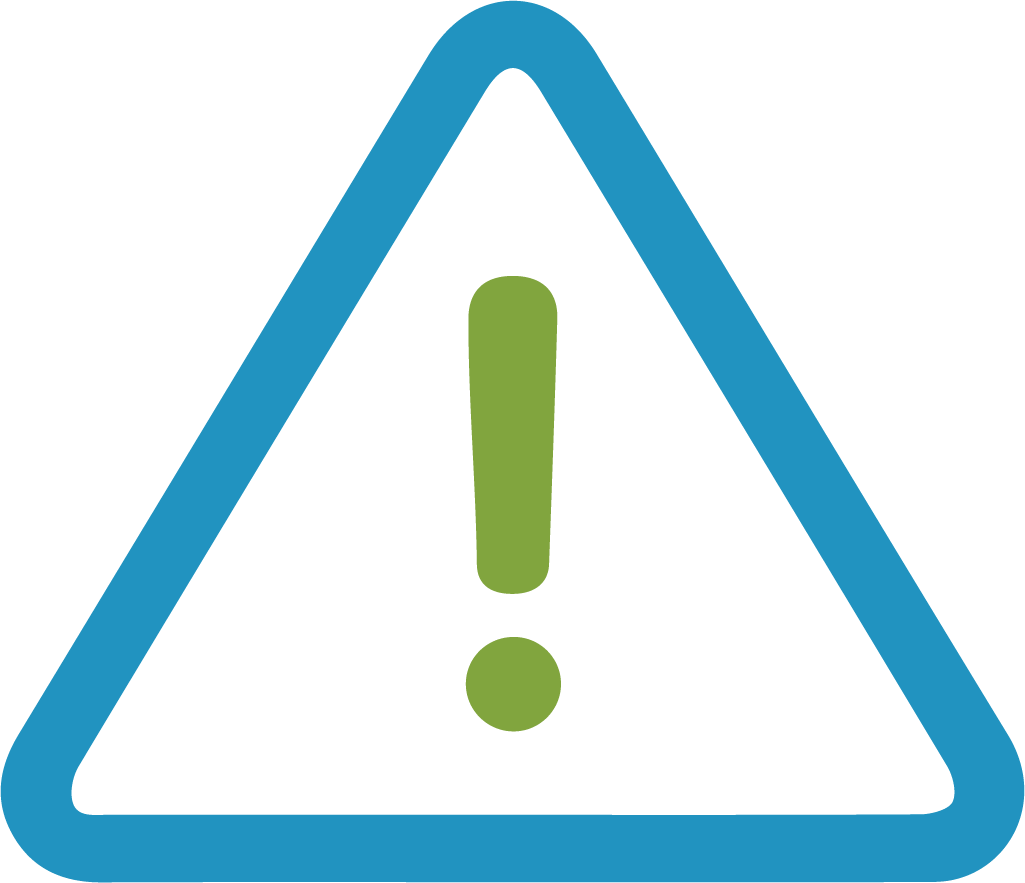 Triángulo azul con un signo de exclamación verde, símbolo de advertencia.