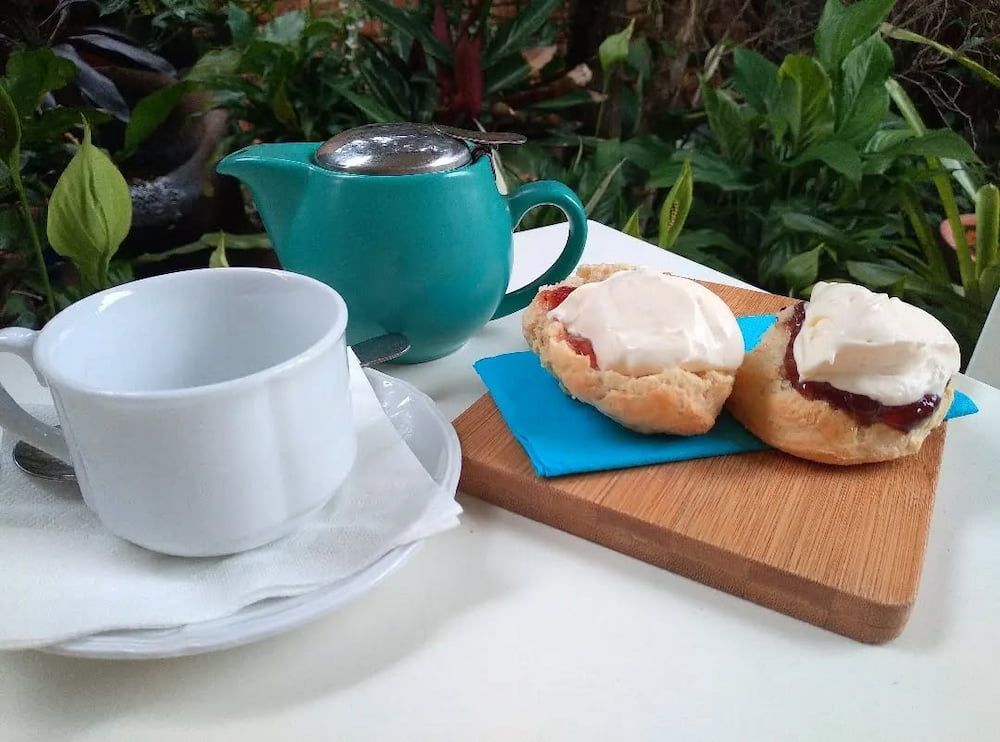A Cup Of Tea And Two Scones On A Wooden Cutting Board On A Table — Vines at 139 in Grafton, NSW