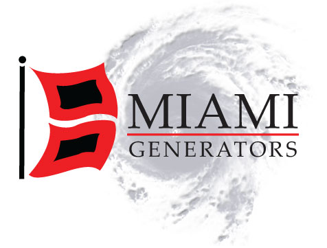 Logo for Miami Generators: red flag on a black pole, hurricane graphic, and company name.