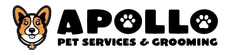 Apollo Pet Services & Grooming logo with cartoon dog face and bold black text on a white background