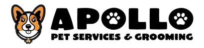 Apollo Pet Services & Grooming logo with cartoon dog face and bold black text on a white background