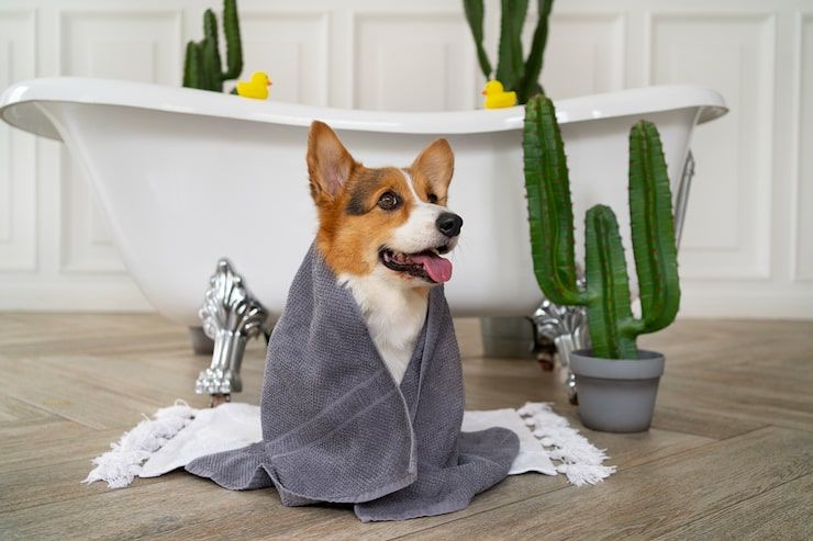 Corgi wrapped in a gray towel beside a white bathtub and potted cacti in a bathroom