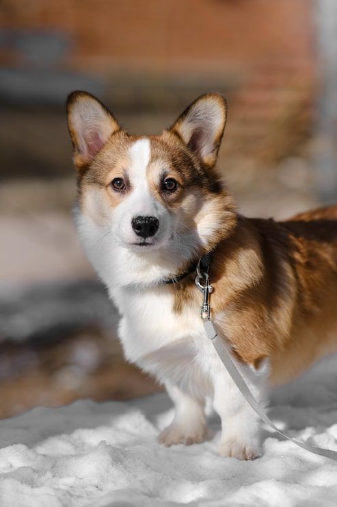 Corgi standing in snow outdoors, brown and white coat, looking at the camera