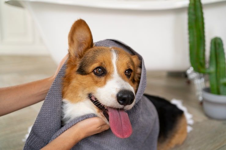 Dog wrapped in a gray towel, panting with tongue out, in a bright indoor room with a cactus in the background