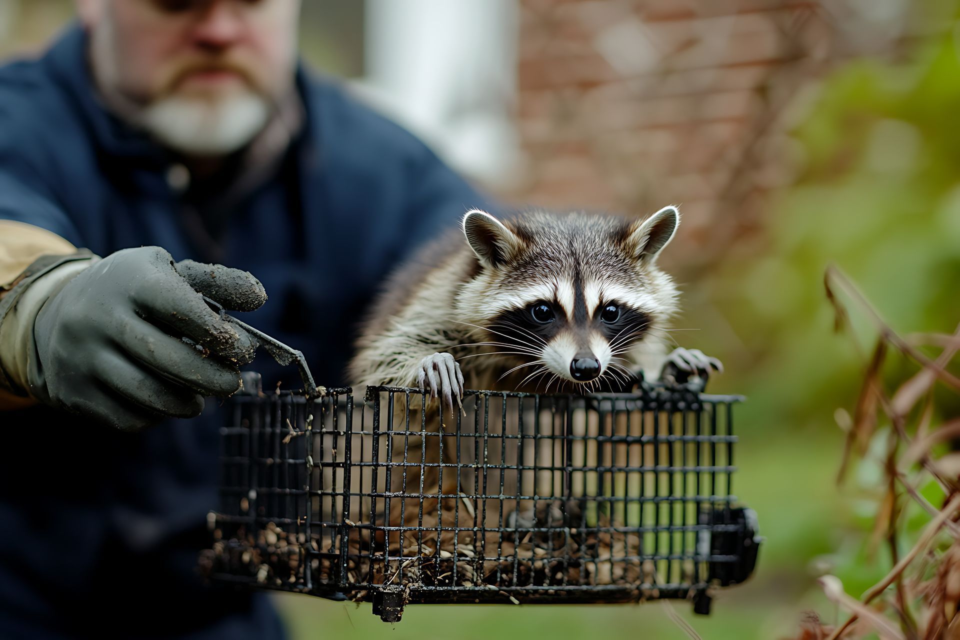Man in gloves holding a cage with a raccoon inside; outdoors.