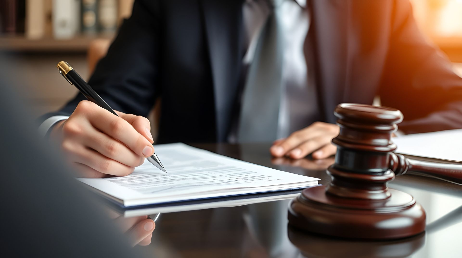 Lawyer writing on documents with a gavel on a desk.