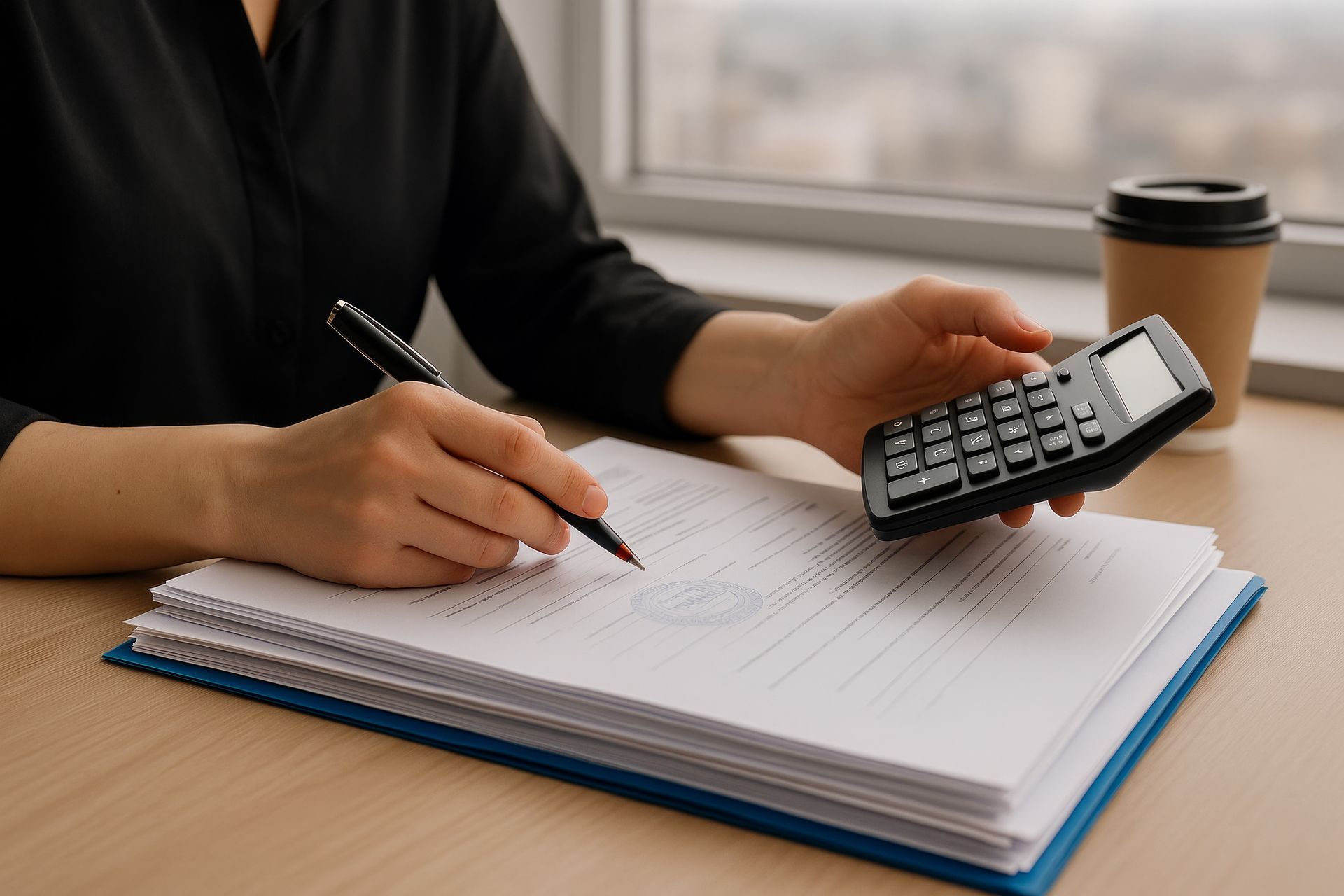 Person using a calculator, writing on documents at a desk, near a window with coffee.