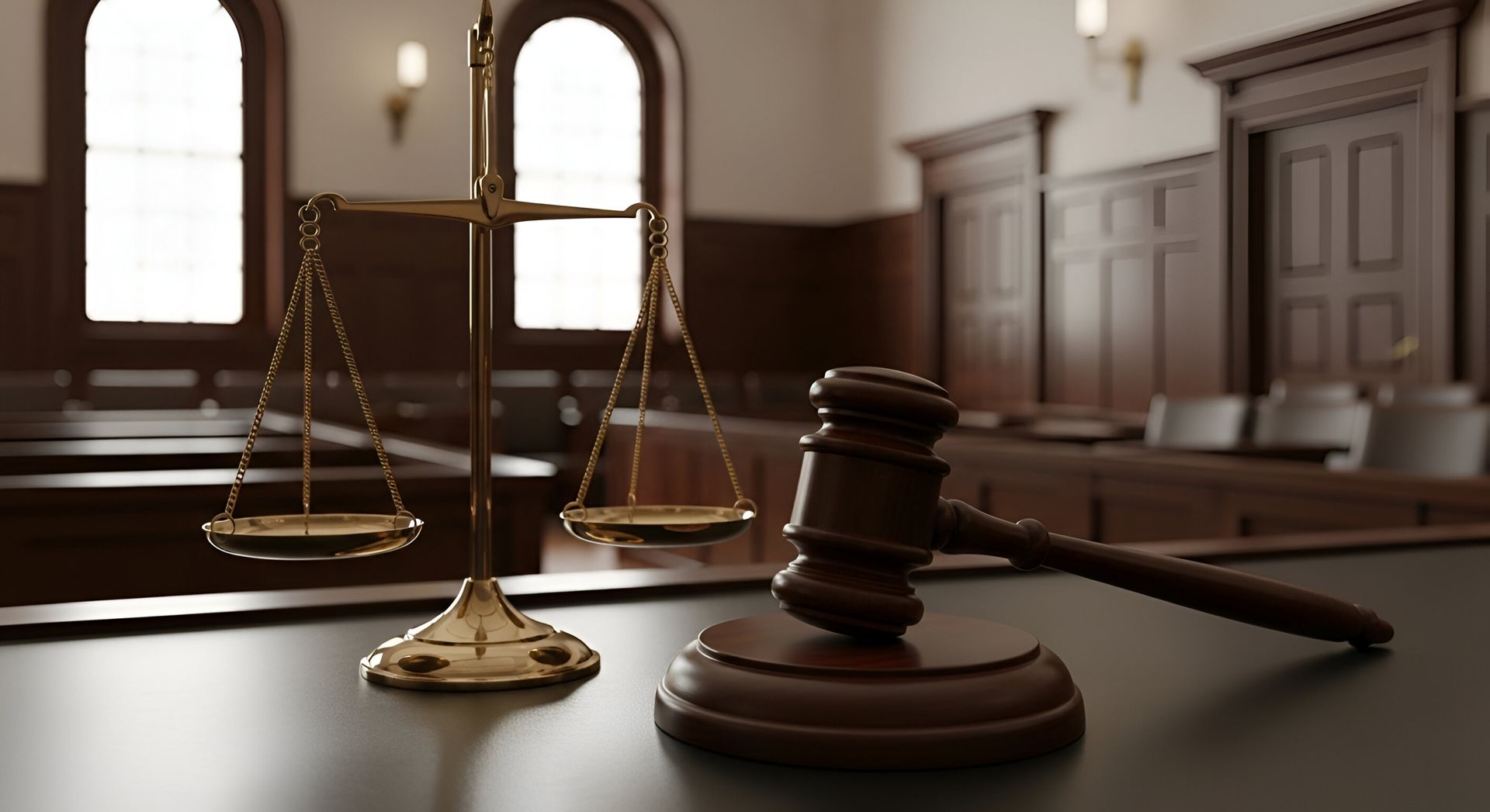 Scales of justice and gavel on a table in an empty courtroom, emphasizing law and order.
