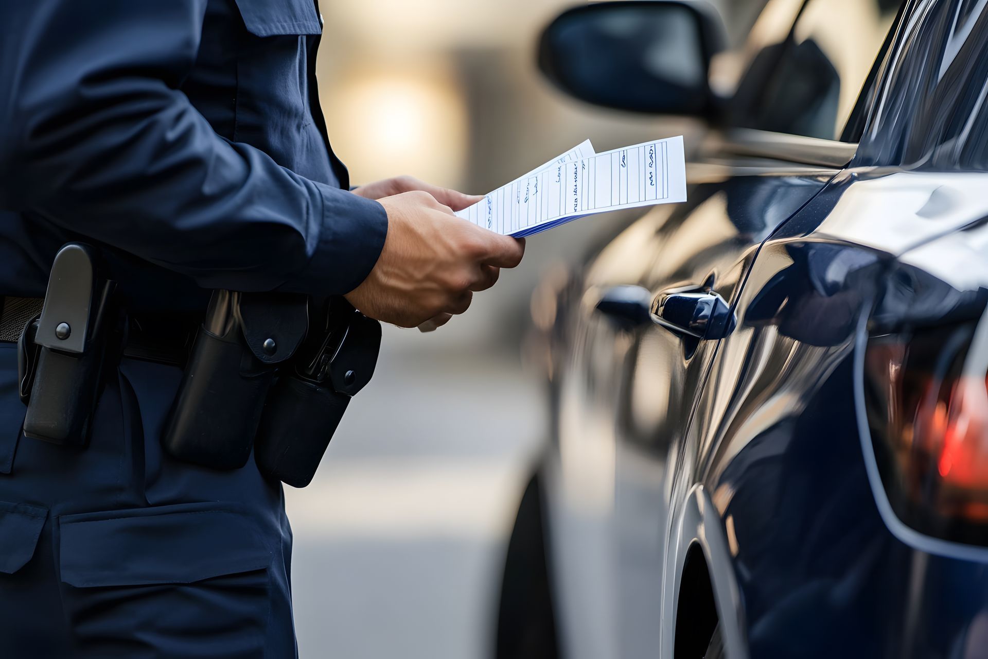Police officer holding paperwork, standing by a car.