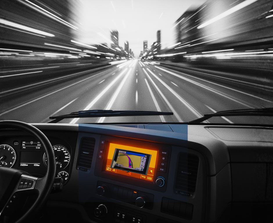 Interior view from a driver's seat looking onto a highway, with a GPS screen displaying a route in the center dashboard.