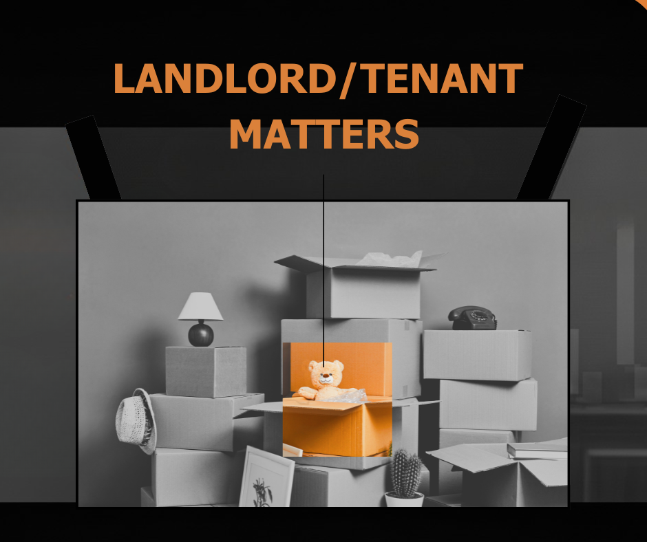 Boxes stacked, teddy bear in orange box; title: Landlord/Tenant Matters.