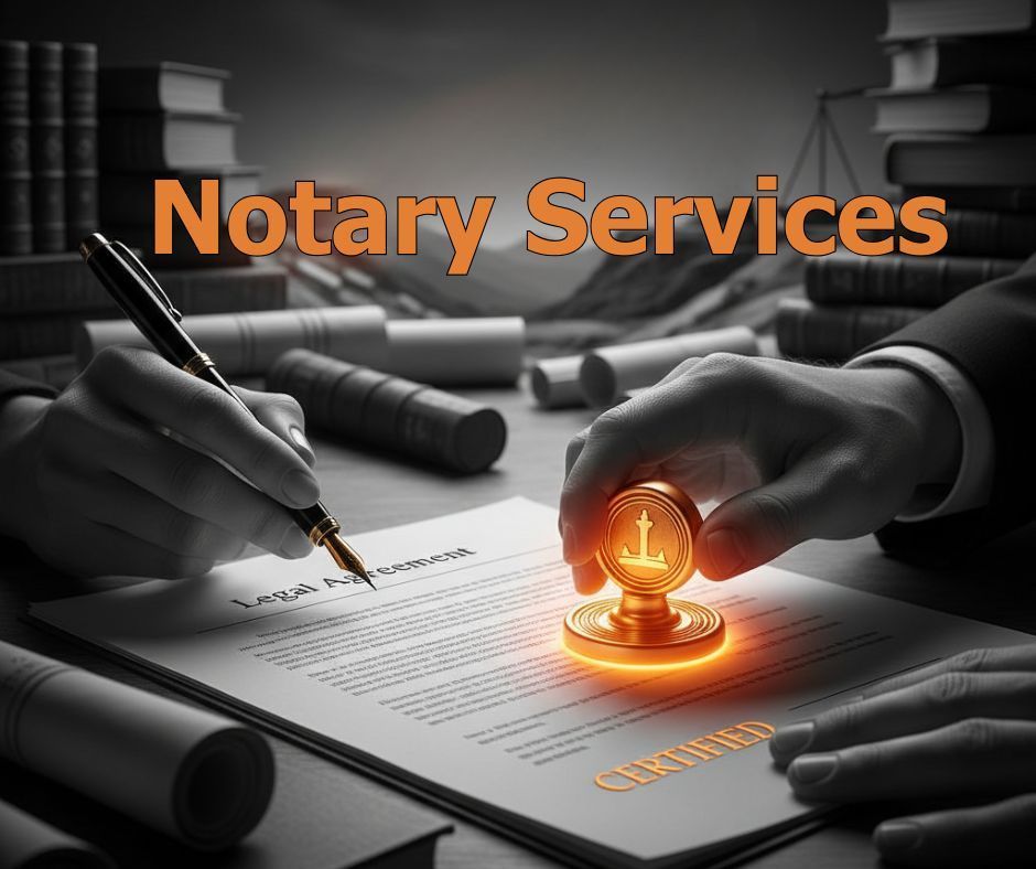 Hands notarizing a document, stamp illuminated. Text reads