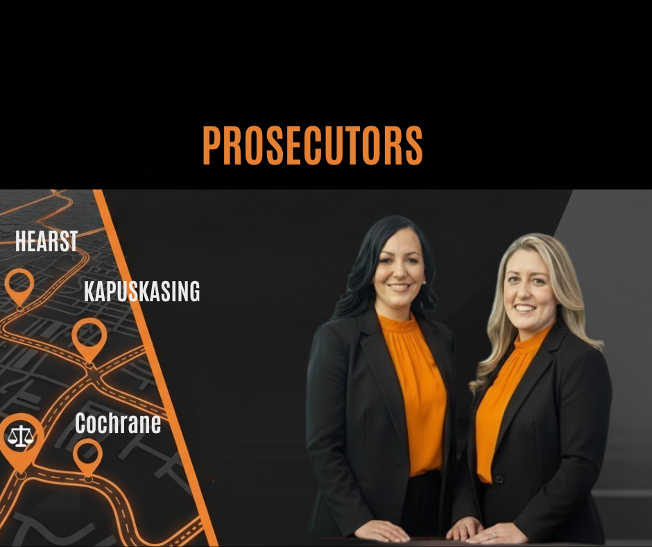 Two women in blazers, smiling, with a map showing Hearst, Kapuskasing, and Cochrane.