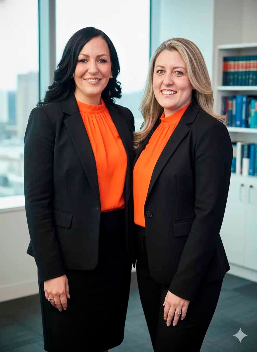 Two professionals in black suits and orange tops stand side by side in an office, smiling at the camera.