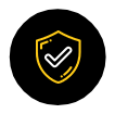 Black shield with yellow outline and white checkmark on a black circular background