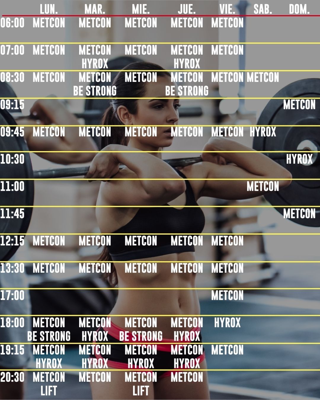 Horario semanal completo de clases METCON, HYROX, Lift, Be Strong y Open Box en Bestia Unchain, box boutique de CrossFit y HYROX en Vitacura.