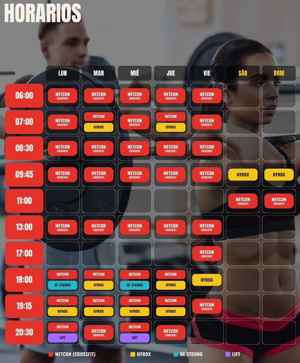 Horario semanal completo de clases METCON crossfit, HYROX, Lift, y Open Box en Bestia Unchain, box boutique de en Vitacura.