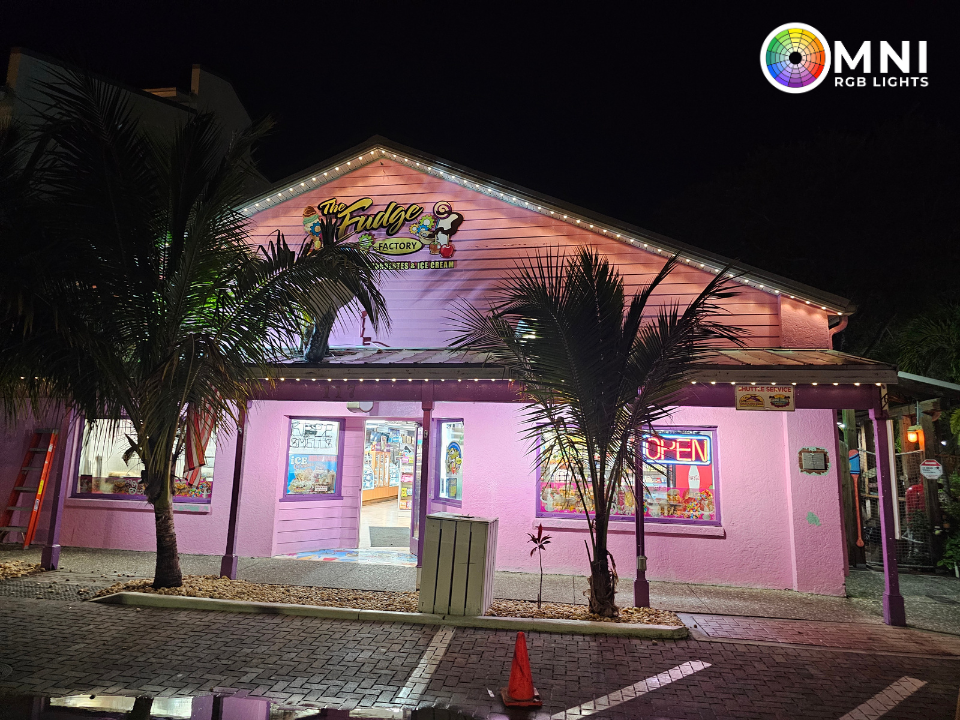 Pink house at night with lit windows, palm trees, and a paved front yard.