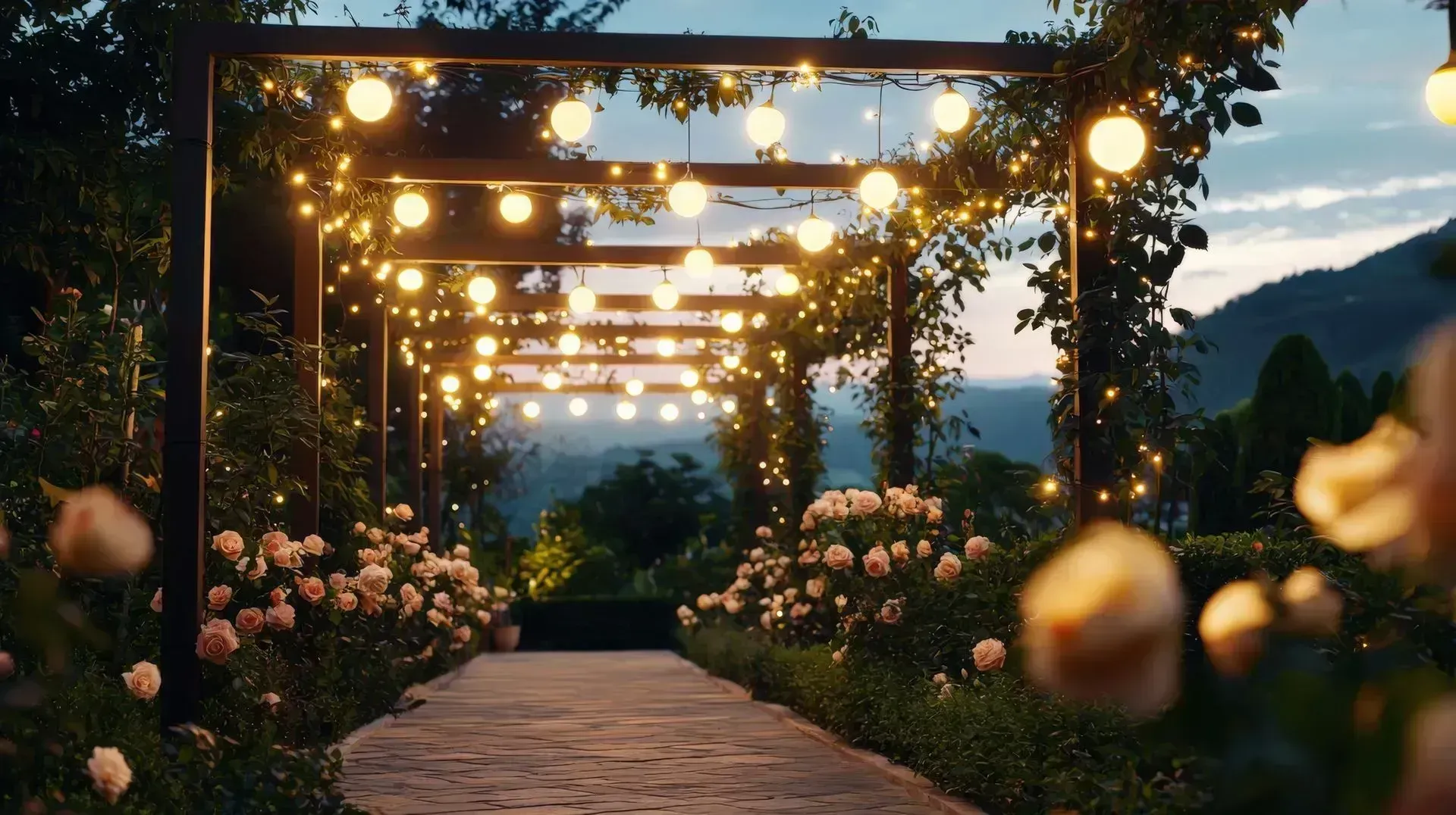 Garden walkway lit by warm string lights, lined with flowers under a dusk sky