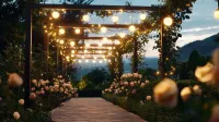 Garden walkway lit by warm string lights, lined with flowers under a dusk sky
