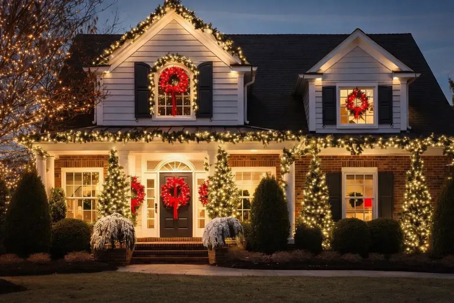House decorated with red Christmas wreaths and warm lights at dusk