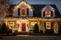 House decorated with red Christmas wreaths and warm lights at dusk