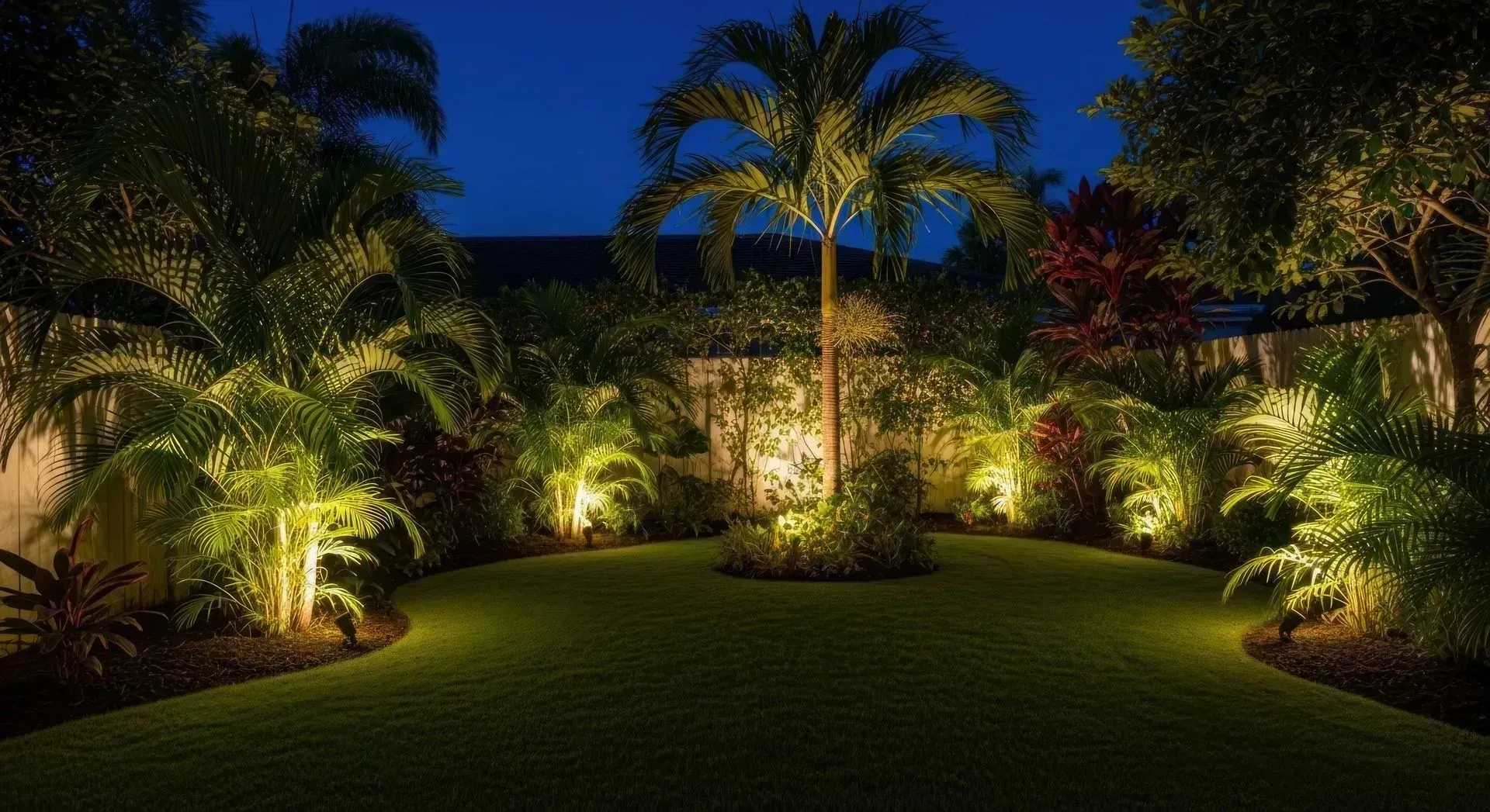 Lit tropical garden at night with palm trees, manicured lawn, and warm landscape lighting.