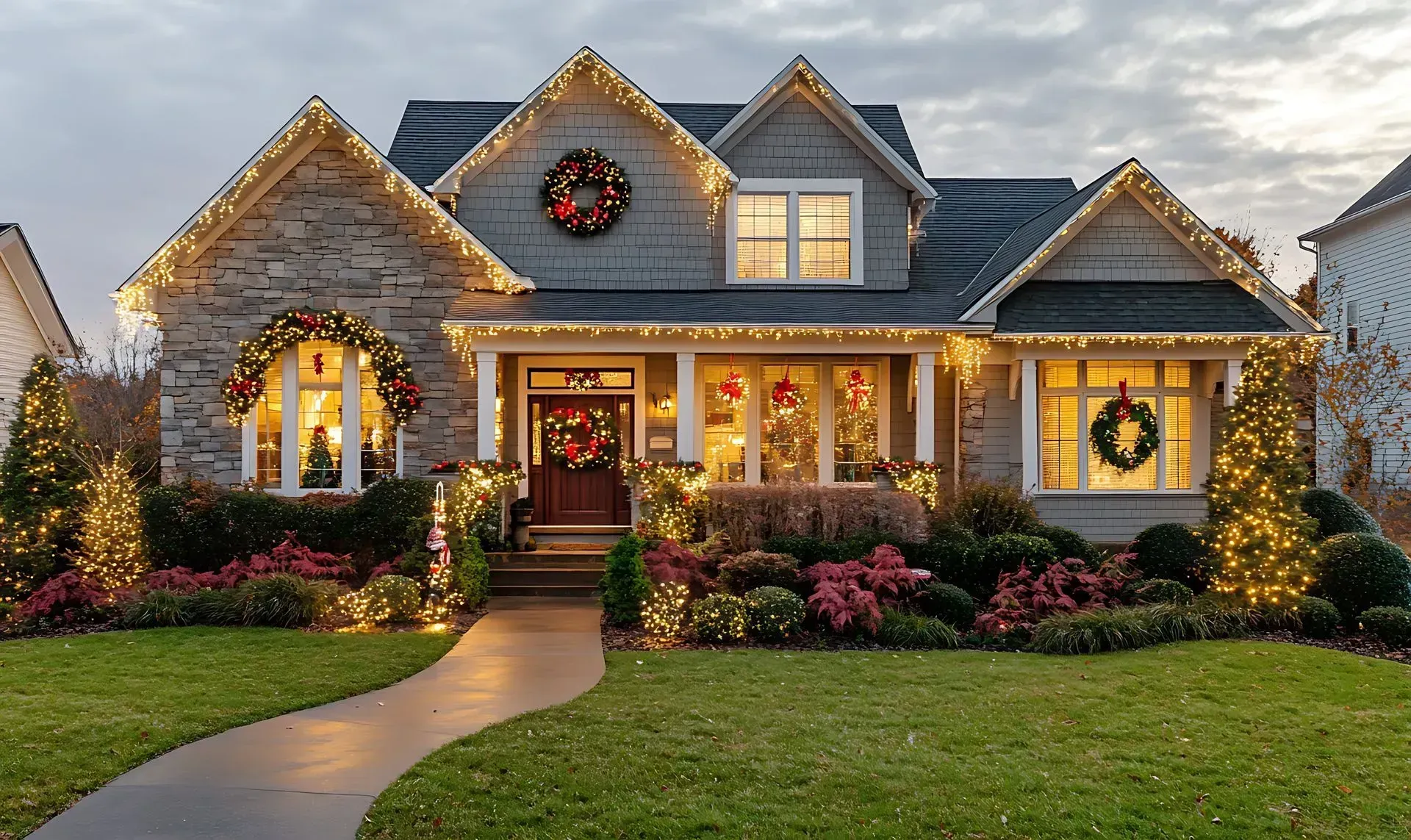 Festive suburban house at dusk with warm lights, wreaths, and Christmas decorations along the walkway